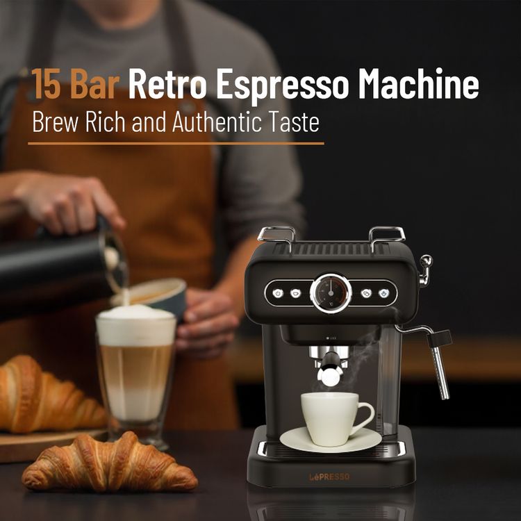 LePresso Coffee Machine with 1.2L Water Tank Capacity, 950W Rated Power, 15 Bars Pump Pressure, Washable Drip Tray, Steam Control - White