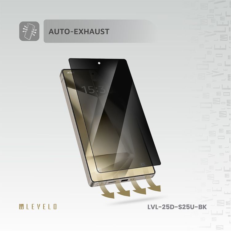 Levelo 2.5D Silk Print HD Privacy Glass for Samsung Galaxy S25 Ultra, High Silicone Aluminum, 0.25mm Ultra Thin, Scratch-Resistant, Oleophobic & Hydrophobic Coating, Instant Fingerprint Unlock, Air Bubble Prevention, Explosion- Proof, Auto-Exhaust - Black
