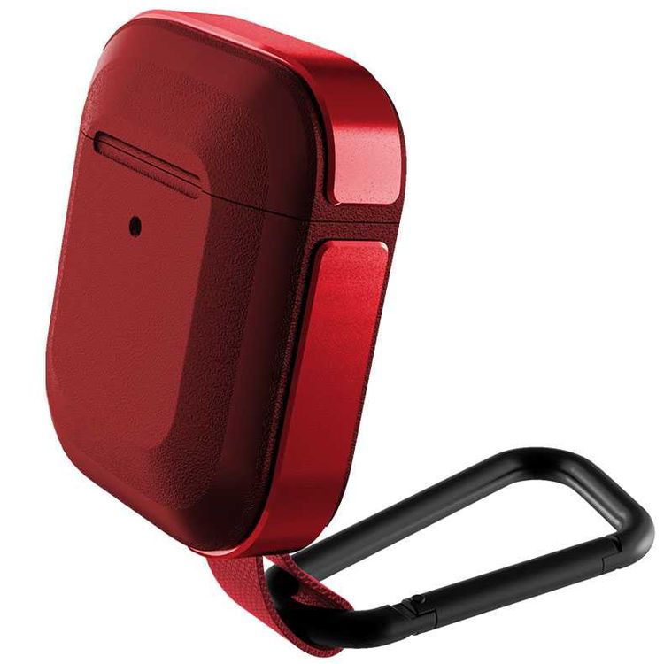 X-Doria Defense Trek Aluminum Bumper Case with Anti-Lost Carabiner & Loop Compatible for AirPods 1 & 2 - Sleek Design Cover - 360 Degree Protection - Charging Light Visible - Red