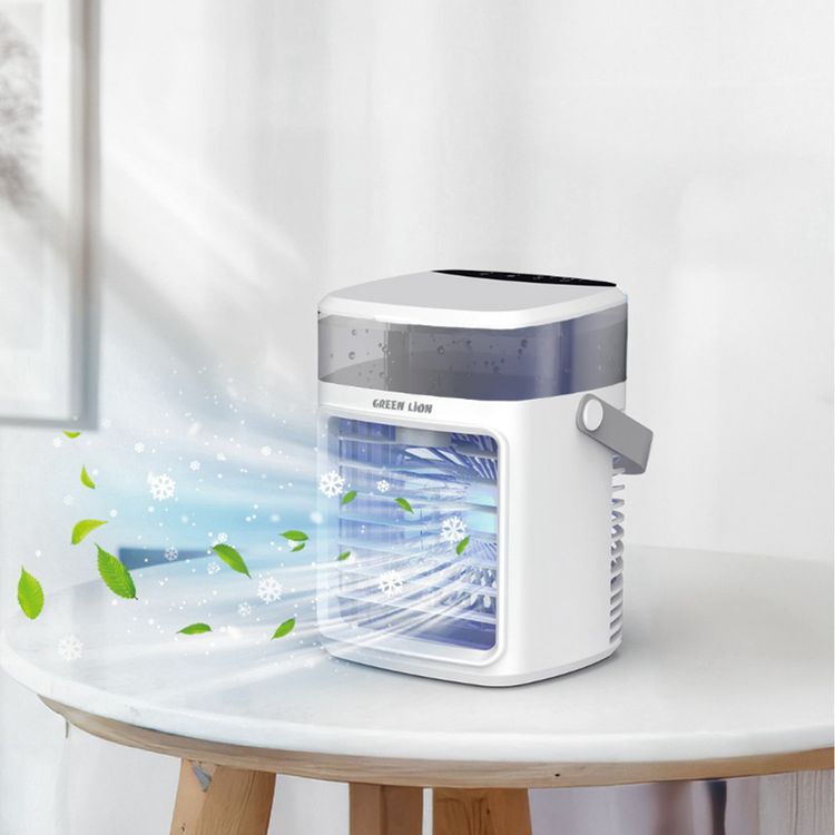 Green Lion Rechargeable Air Cooler Fan with 4 Hours Working Time, Large Water Tank, USB-C Plug-in Use, 3-Blade Fan, Night Light, Quiet Operation - White