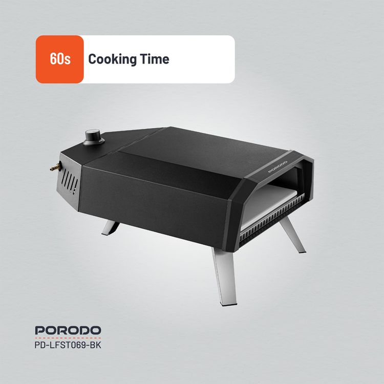 Porodo Lifestyle 12" Pizza Outdoor Oven with Foldable Legs, 60s Cooking Time, 500° C Rapid Heating, Butane & Propane Compatible, 30-45 Minutes Pre-Heat Time, Piezo Ignition - Black