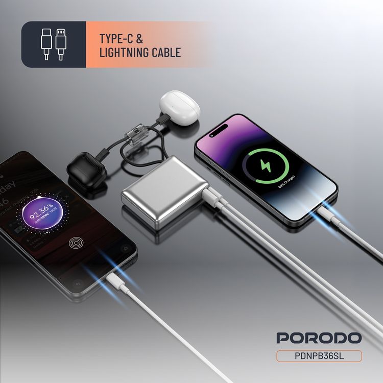 Porodo Petite 10000mAh Power Bank with Integrated Type-C & Lightning Cable, PD 20W, USB-A & USB-C Ports, Fast Charge Support, Digital Display, Universal Compatibility - Silver