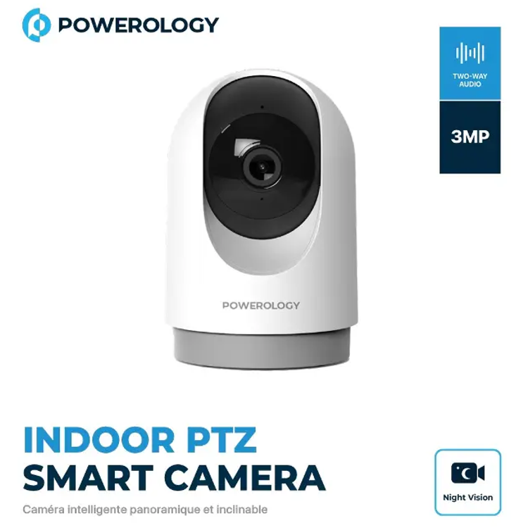 Powerology Indoor PTZ Smart Camera with Human Detection & Motion Sensor, 100° Field of Vision, 3MP Resolution, Pan & Tilt Control, Two-Way Audio - White