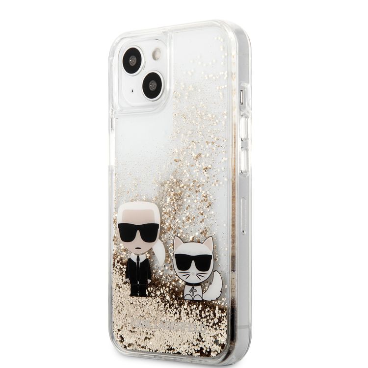CG MOBILE Karl Lagerfeld Liquid Glitter Case Karl And Choupette Head Compatible for iPhone 13 Mini (5.4") Easy Access to All Ports, Scratch Resistant, Drop Protection Back Cover