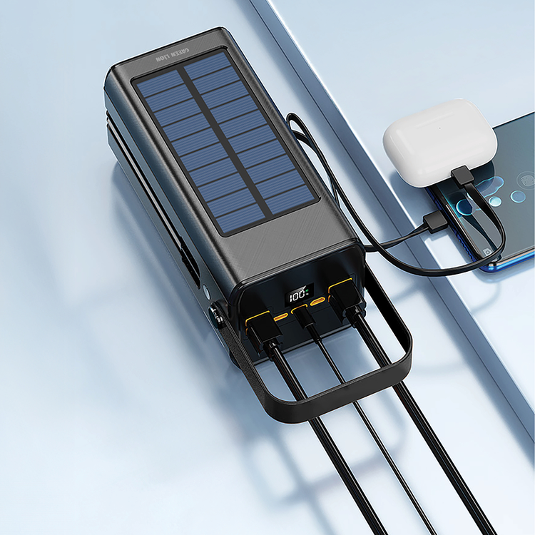 بنك الطاقة جرين ليون سولار X بسعة 80000 مللي أمبير في الساعة مع PD 20W، يدعم الشحن بالطاقة الشمسية، كابلات مدمجة، مقبض محمول، 4 منافذ USB-A للإخراج، منفذ USB-Micro، منفذ إدخال وإخراج Lightning، منفذ إخراج USB-A2/A3/A4 - اللون الأسود.