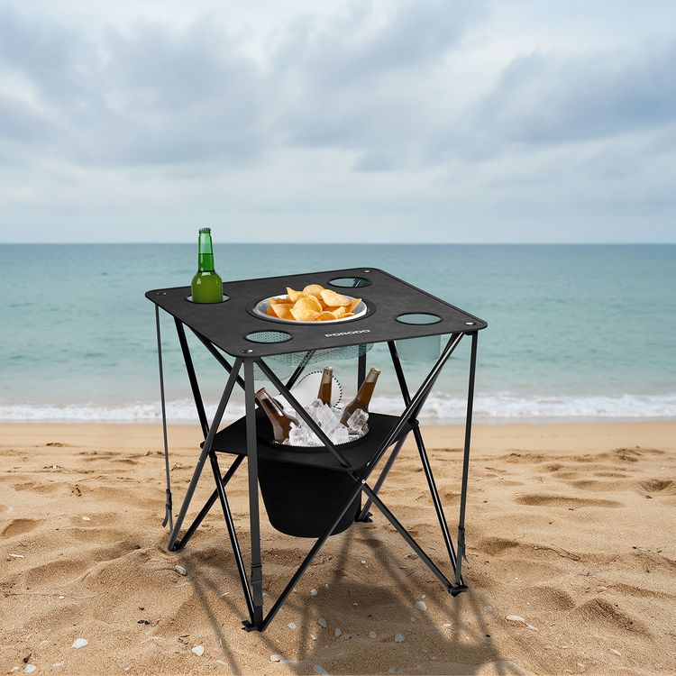 Porodo Outdoor Companion Foldable Camping Table with 4 Cup Holders & Insulated Cooler, Up to 20kg Load Capacity, PE Coated 600D Polyester Material, Stable X-Frame, Integrated Food Basket - Black