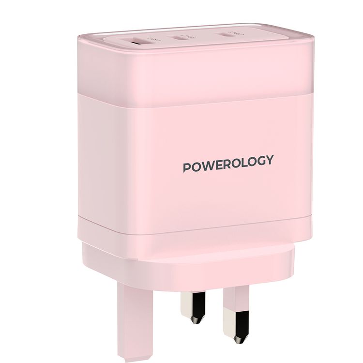 Powerology Lunex Series 3-Port Fast Charging Adapter with UK 3-Pin Power Plug, 65W PD USB-C Output, 22.5W QC USB-A Output, Multi-Device Charging, Powerful Laptop Charging, Universal Protocol Support - Pink