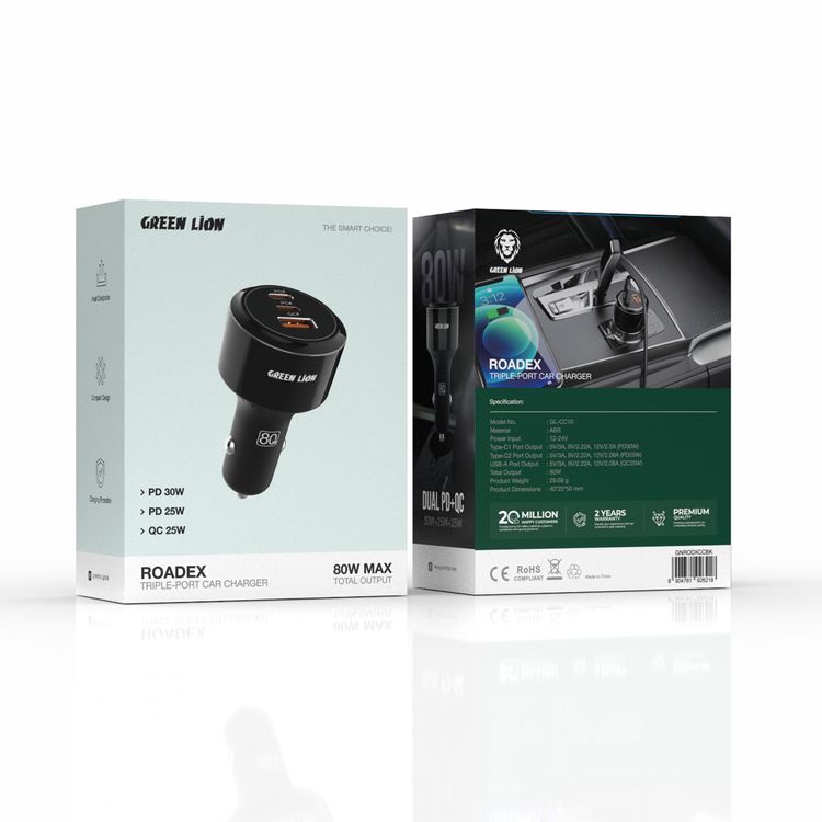 شاحن سيارة جرين لايون رودكس ثلاثي المنافذ، بقدرة إجمالية 80 واط، حماية أثناء الشحن، تصميم مدمج، تبديد للحرارة، منافذ USB-A وDual USB-C - أسود