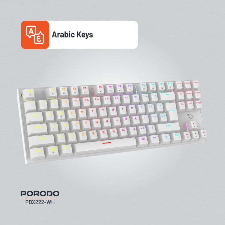 لوحة مفاتيح ميكانيكية من Porodo للألعاب TKL مع 12 وضعًا لإضاءة RGB، و25 مفتاحًا مضادًا للظلال، وعمر افتراضي يصل إلى 50 مليون نقرة، وكابل PVC بطول 1.5 متر، والتوصيل والتشغيل، ومفاتيح باللغة الإنجليزية والعربية - أبيض