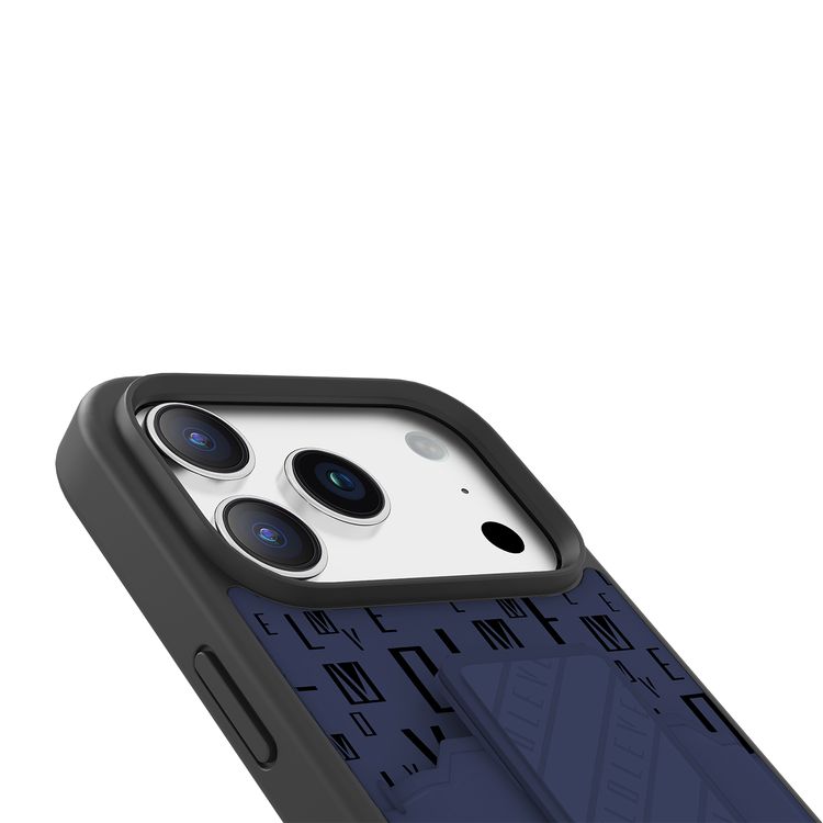 حافظة Levelo Morphix GripStand مع حامل بطاقات لجهاز iPhone 17 Pro، تصميم فاخر بطباعة العلامة التجارية، ممتص للصدمات، حواف مرتفعة للكاميرا والشاشة، حامل بتقنية الحزام المغناطيسي - أزرق منتصف الليل.