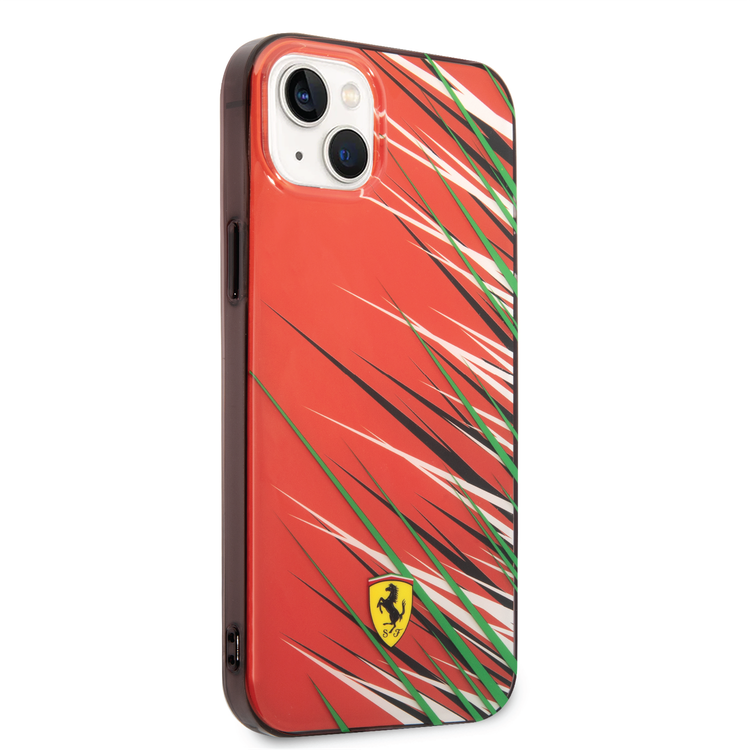 Ferrari PC/TPU Case with Double Layer Grass Print iPhone 14 Plus Compatibility - Red