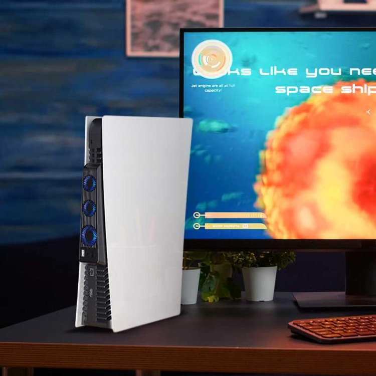 مروحة تبريد لجهاز بلايستشن 5 للألعاب من بورودو مع تشغيل تلقائي، ضوء LED، شحن USB-C، 3 مستويات للمروحة، نطاق درجة حرارة العمل من -10°C إلى 45°C - اللون أسود.