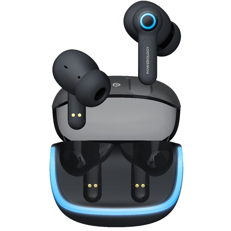 Powerology Quad Mic ENC True Wireless Earbuds, 6h Playtime, Bluetooth 5.3, Type-C Charging, 10m Transmission Distance, RGB Lights - Black