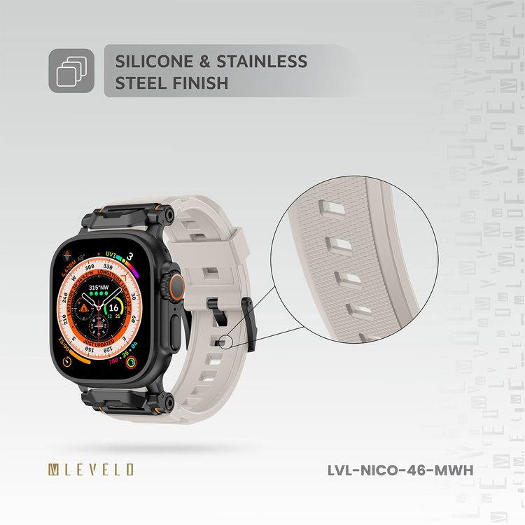 Levelo Nico Watch Strap for Apple Watch 49/46mm with Metal Buckle Closure, Compatible with SE Series 9, 8, 7, 6, 5, Silicone & Stainless Steel Finish, Lightweight & Flexible Fit, Sweat-Resistant & Water-Resistant, Hypoallergenic Material, Extended Band Interaction - Moonlight White