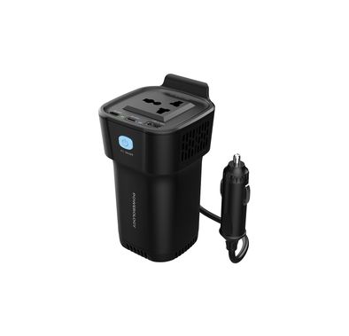 Powerology 150W Cup Holder Power Inverter with 30W Power Delivery, 1× USB-A & 2× USB-C Ports, Seamless Integration, 150W AC Output, Quick Charge Technology, Universal Compatibility - Black