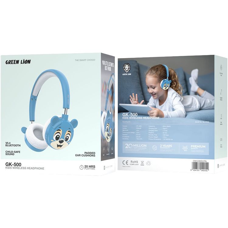 سماعات أذن لاسلكية للأطفال GK-500 من Green Lion مزودة بوسائد أذن مبطنة، إصدار بلوتوث 5.4، سعة بطارية 200 مللي أمبير/ساعة، وقت تشغيل يصل إلى 20 ساعة، مصنوعة من مادة PP وABS، منفذ شحن من النوع C، وقت شحن يصل إلى 1.5 ساعة، صوت آمن للأطفال - أزرق