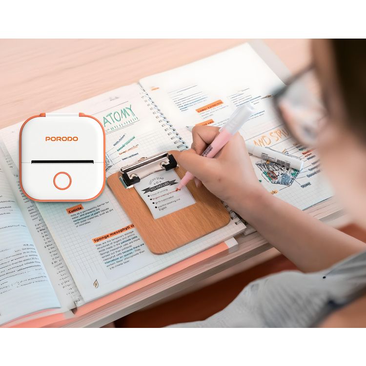 Porodo Lifestyle Pocket HD Thermal Printer with 1000mAh Battery Capacity, 1.5 Hours Working Time, 2.5 Hours Charging Time, Type-C Charging Port, Inkless Printing, 50 mm Label Width, High Definition - Orange / White