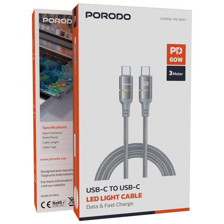 Porodo Type-C to Type-C Braided Cable with 60W Power Delivery, 3m Cable Length, Fast Charging & Data Transfer, Tangle-Free Design - Gray
