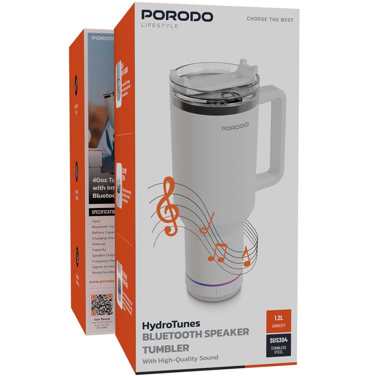 Porodo HydroTunes Tumbler with Detachable Bluetooth Speaker Base, Bluetooth Version 5.3, 300mAh Battery, 1.2L Capacity, USB-C Charging Port, Dual-Function Design, Leakproof Silicone Lid, 3W Speaker Output Power - White