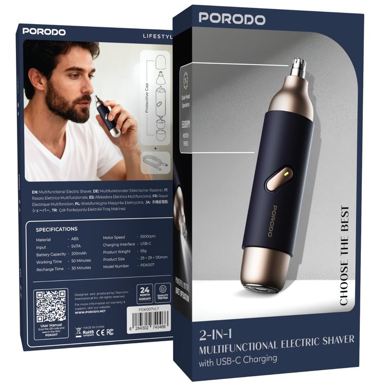 Porodo 2-in-1 Multifunctional Electric Shaver, 50 Minutes Working Time, 5500RPM Motor Speed, Quiet Operation, Built-in Light Function, Powerful Motor, 200mAh Battery, USB-C Charging Port - Violet