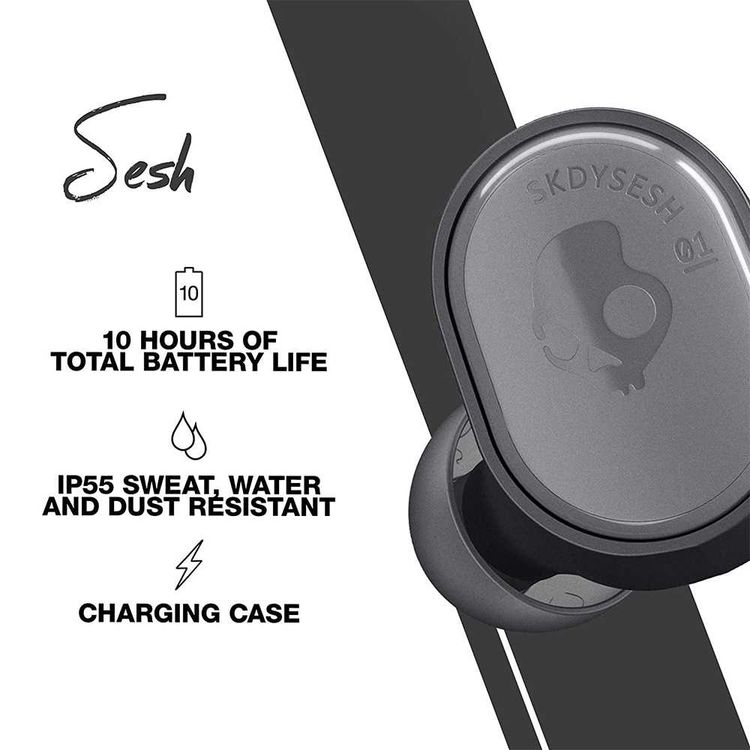 Skullcandy Sesh True Wireless Earbuds with Microphone, Call, Track & Volume Control, 10-Hour Battery Life, IP55 Sweat, Water, & Dust Resistant, Bluetooth Headset Charging Case with Activate Assistant - Black