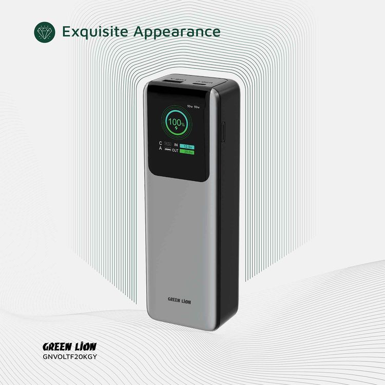 Green Lion Voltura 20000mAh Power Bank with TFT Display, Lightweight Design, Fast Charging, Wide Compatibility, Exquisite Appearance - Gray