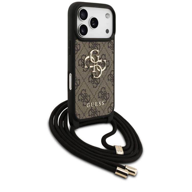 جراب Guess 4G من الجلد الصناعي مع شعار 4G كبير وحزام الكتف للآيفون 17 برو، حماية من السقوط، تصميم نحيف وخفيف الوزن، سهل التركيب، قبضة مريحة، تغليف مستدام - بني