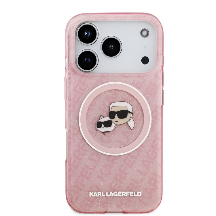Karl Lagerfeld MagSafe IML Glitter & KL Repeated Case with Karl & Choupette for iPhone 17 Pro Max, Slim Profile, Drop Protection, Easy Snap-On, Sustainable Packaging, Comfortable Grip, Lightweight Design - Pink