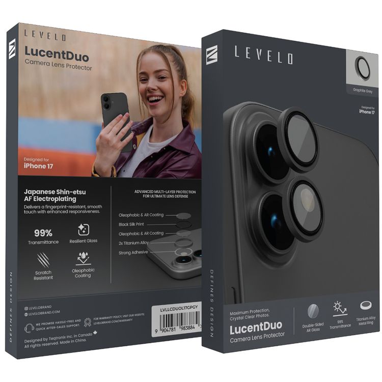 Levelo LucentDuo Camera Lens Protector with 99%  Transmittance for iPhone 17, Anti-Fingerprint, Anti-Scratch, Double-Sided AR Glass, Oleophobic Coating, Multi-Layer Protection, Strong Adhesive - Graphite Gray