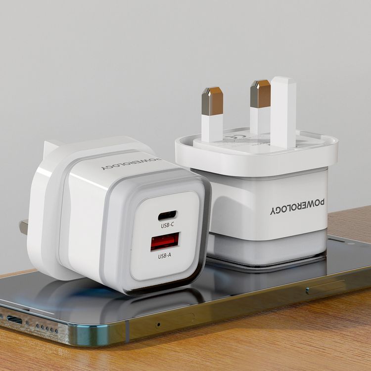 Powerology Lunex Dual-Port Fast Charging Adapter with USB-C & USB-A Ports, 35W Power Delivery, 22.5W USB-A Output, UK 3-Pin Plug, Universal Protocol Support, Multi-Device Charging - White