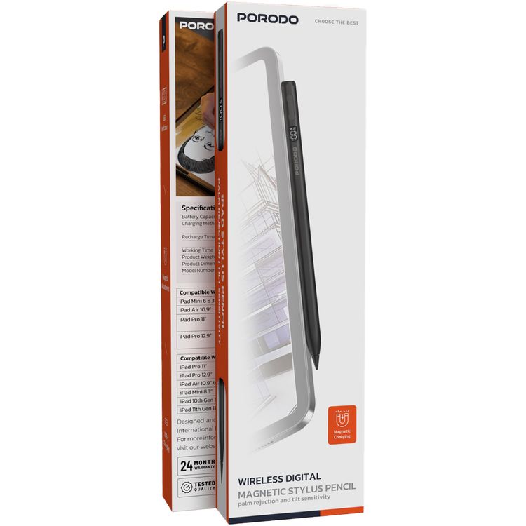 قلم Porodo Magnetic Active Stylus لأجهزة iPad الطرازات من 2018 إلى 2025، بسعة بطارية 100 مللي أمبير، و12 ساعة عمل متواصلة، وطريقتا شحن سلكي Type-C ولاسلكي مغناطيسي - باللون الأسود.