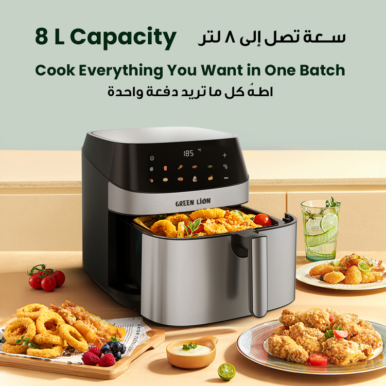 Green Lion Deluxe Air Fryer with LED Touch Screen, 8L Capacity, Up to 60 Minutes Frying Time, 10 Preset Programs, Rapid Air Circulation, 2200W Power, Non-Stick Coating - Black