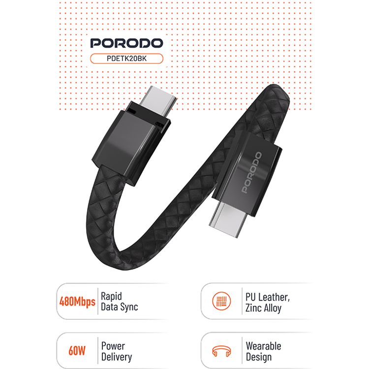Porodo USB-C to USB-C Wristband Cable with Magnetic Steel Clasp, 60W Power Delivery, 480Mbps Data Transfer Speed, Wearable Design, 20cm Cable Length, PU Leather & Zinc Alloy Material - Black