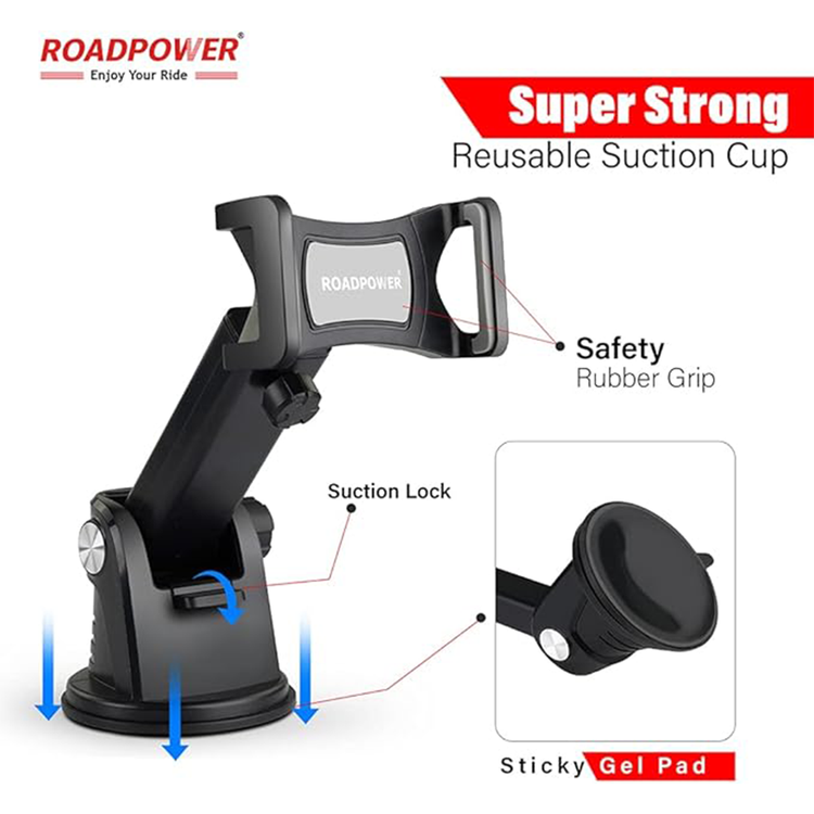 حامل الهاتف المحمول للسيارة من ROADPOWER، حامل الهاتف على الزجاج الأمامي، قبضة قوية، كوب شفط لاصق