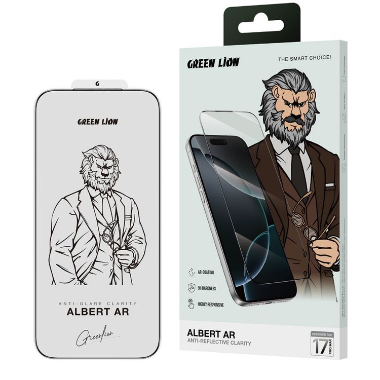 واقي شاشة جرين ليون ألبرت AR لجهاز آيفون 17 برو ماكس، شفاف تمامًا، متانة ماسية 9H، تناسب محيط سلس، مضاد للغبار، مضاد لبصمات الأصابع، حساس للمس، شديد التحمل - شفاف