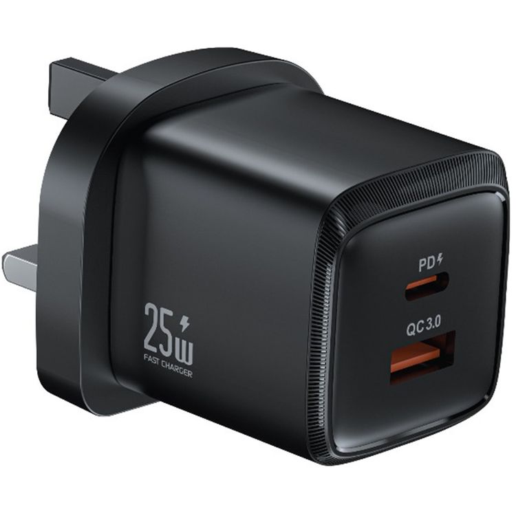 Green Lion G-Charge Series Wall Charger with Type-C to Lightning Cable, USB-A & USB-C Ports, PD 25W, QC 18W, 3-Pin UK Plug, ABS & Copper Material, Fast Charge Support, GaN Technology - Black