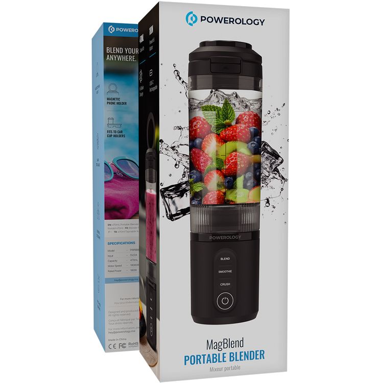 Powerology MagBlend Portable Blender with Magnetic Phone Mount, 6 Sharp Steel Blades, Powerful Ice Crushing, Multi-Mode Blending, 470mL Capacity, Fits to Car Cup Holders - Black