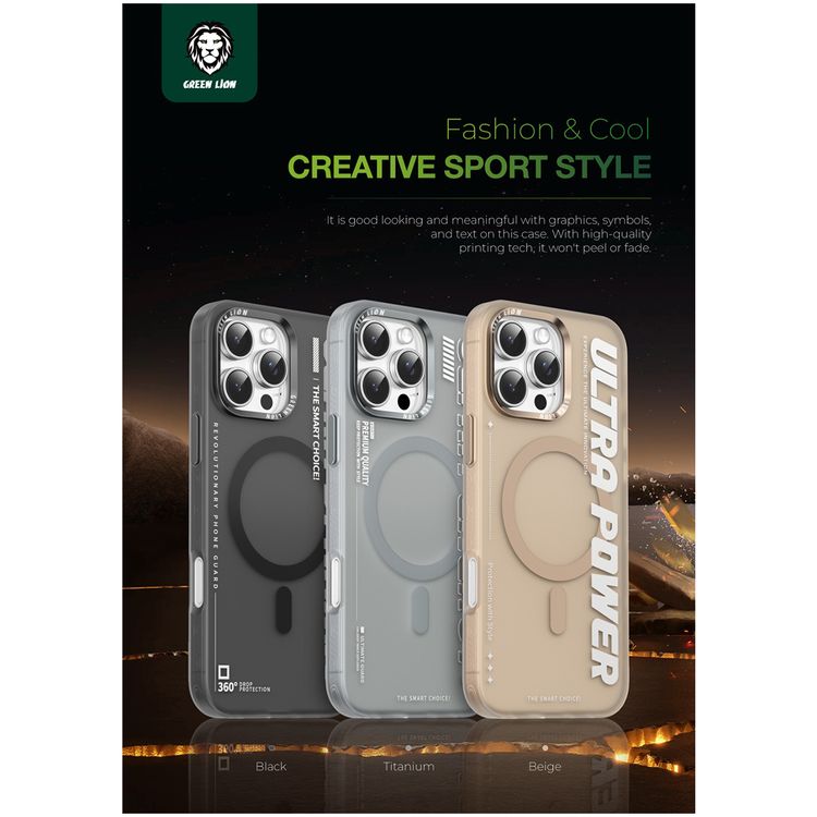 Green Lion Ultra MagSafe Case for iPhone 16 Pro Max, Ultra-Shockproof, Anti-Scratch Edge, Anti-Fingerprint, Powerful Attraction, Creative Sport Style - Beige