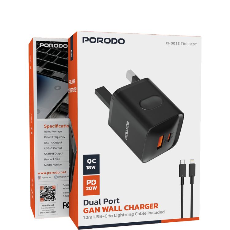 Porodo PD+QC 20W Wall Charger with Type-C to Lightning Cable, Dual Port, 1.2m Cable Length, UK Plug, Simultaneous Charging, Over-Heat Protection - Black 
