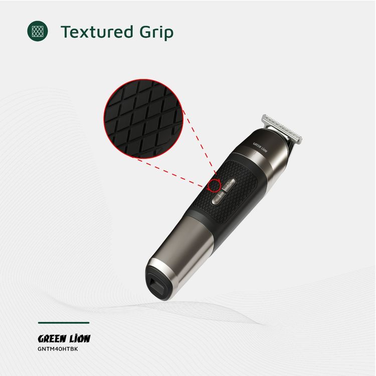 Green Lion Trim Master 5-in-1 Trimmer with Storage Base, Textured Grip, Type-C Charging, Corded & Cordless Use, Digital Display, Detachable Different Heads - Black