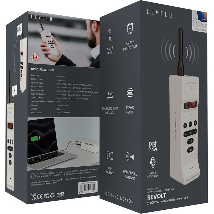 Levelo Revolt 20000mAh Walkie Talkie Power Bank with 1.5km Communication Distance, Laptop Charger, LED Detachable Antenna, PD 100W Total Output, Safety Protection, Type-C In/Out, LED Display, Voice Recorder - White