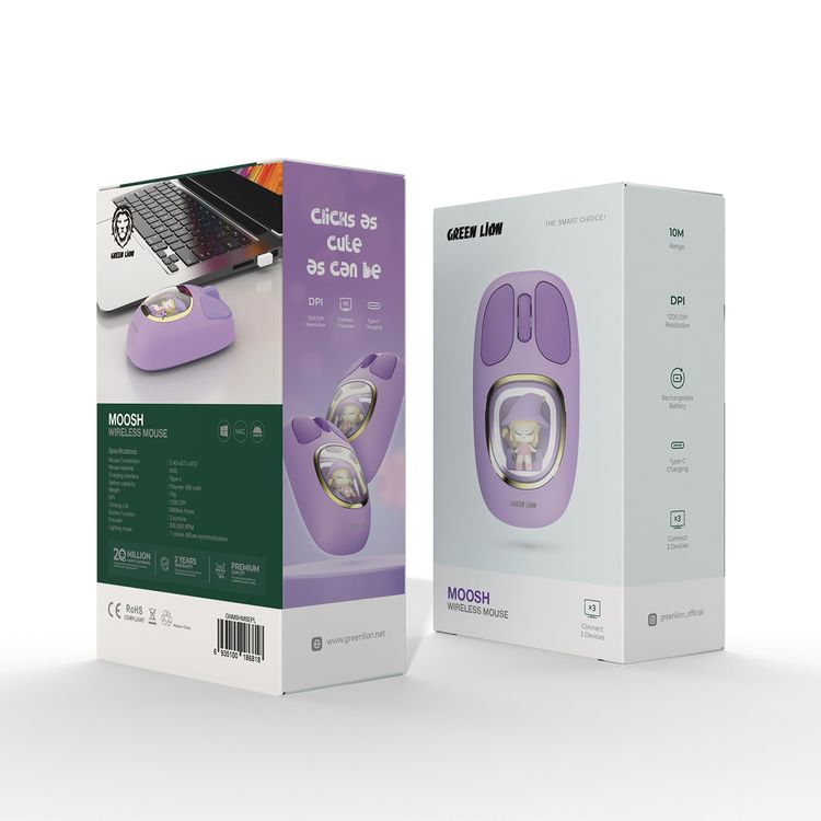 Green Lion Moosh Wireless Mouse with 7-Color Diffuse Lighting, Up to 3 Million Clicks, 3-Button Function, 400mAh Battery, 1200 DPI, Connects Up to 3 Devices, USB-C Charging Interface - Purple