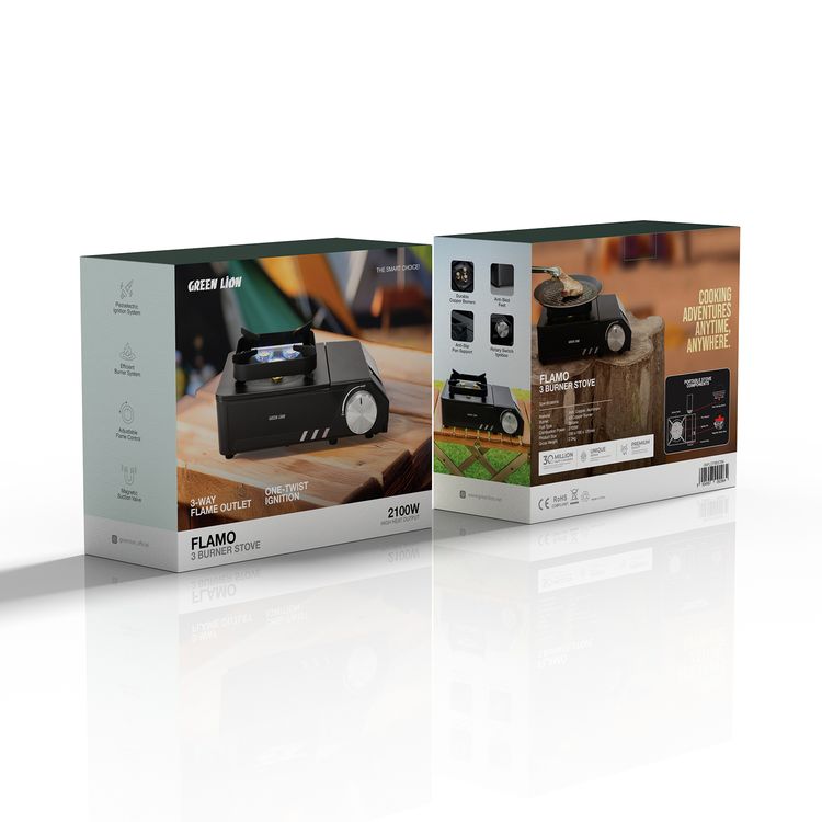 Green Lion Flamo 3 Burner Camping Stove with 2100W High Heat Output,  Iron, Copper, Aluminum Material, Adjustable Flame Control, Anti-Skid Feet, Durable Copper Burners, Magnetic Suction Valve - Black