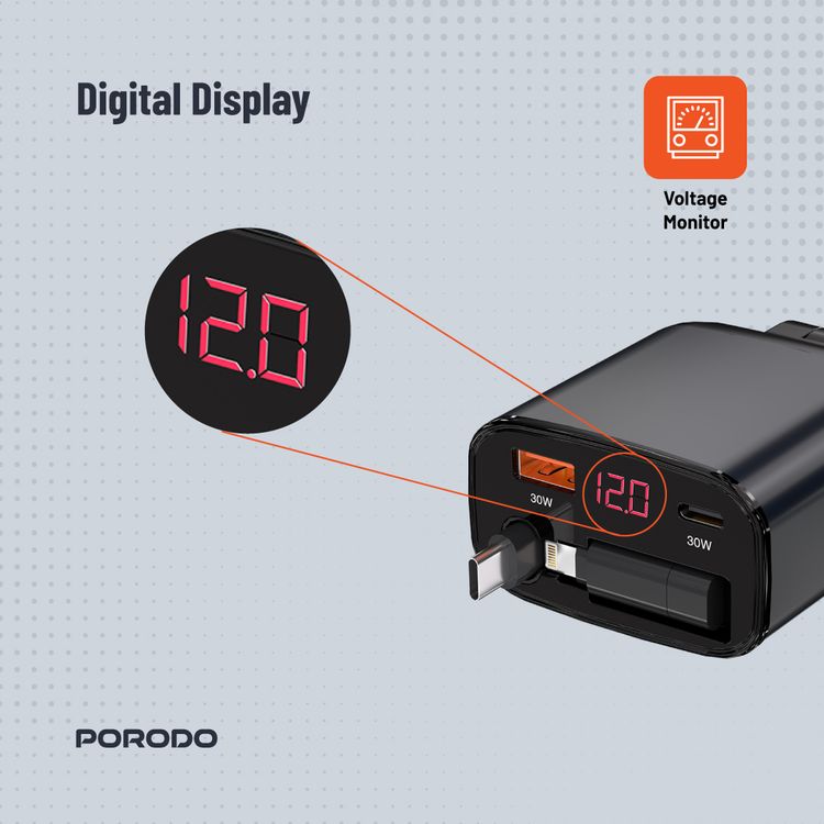 Porodo Dual Port & Connector Car Charger with Retractable Cable, 105W Total Output Power, Simultaneous Charging, USB-A & USB-C Ports, Type-C & Lightning Connectors, 80cm Cable Length, Digital Display, 27W Lightning Adapter, Universal Compatibility - Black