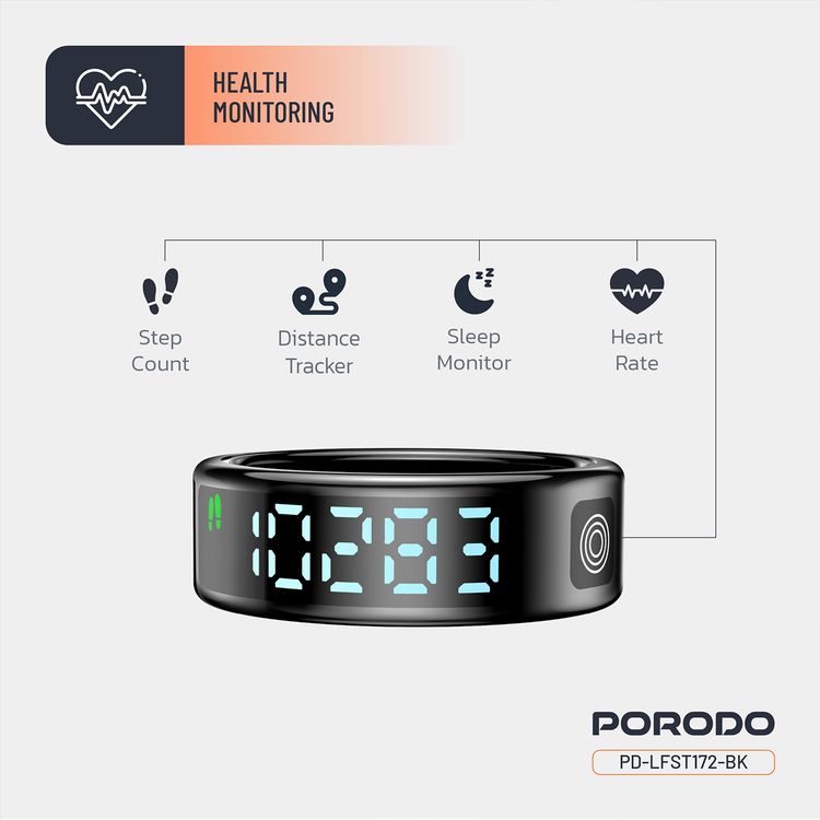 Porodo FitSync Smart Ring with Digital Display with Touch Scroll Function in Small Size 7, Up to 4 Days Active Use Time, 96KB Ram & 128KB ROM, Camera Gesture Control, Activity Tracking & 128 Sport Modes - Black