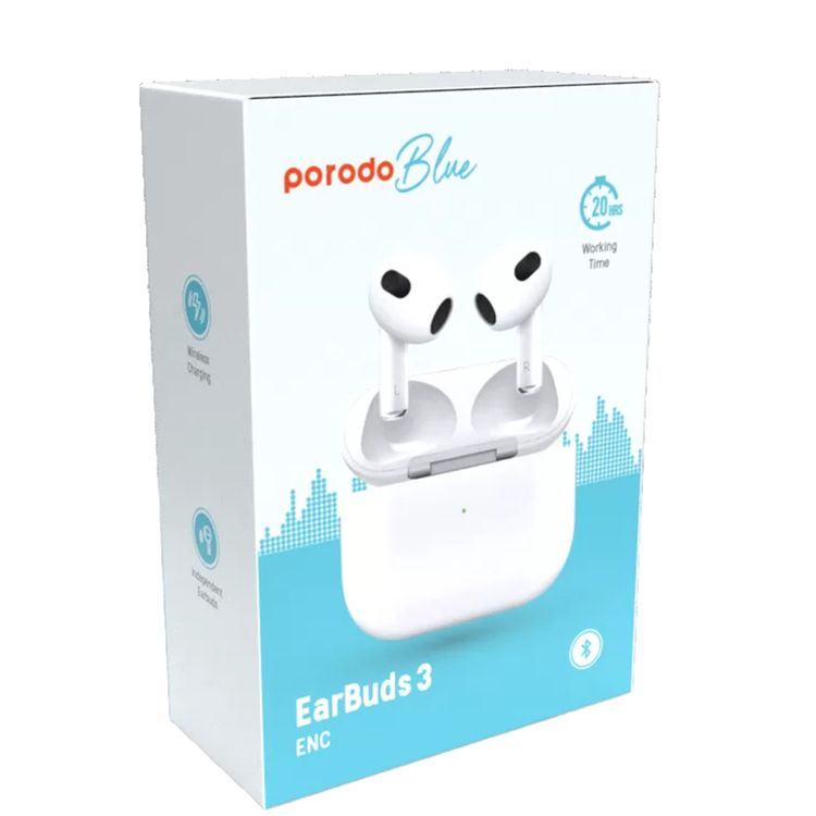 Porodo Blue Deep Bass Wireless Earbuds 3, 20 Hours Working Time, Type-C Charging Port, Environmental Noise Cancellation, Independent Earbuds, Touch Control - White