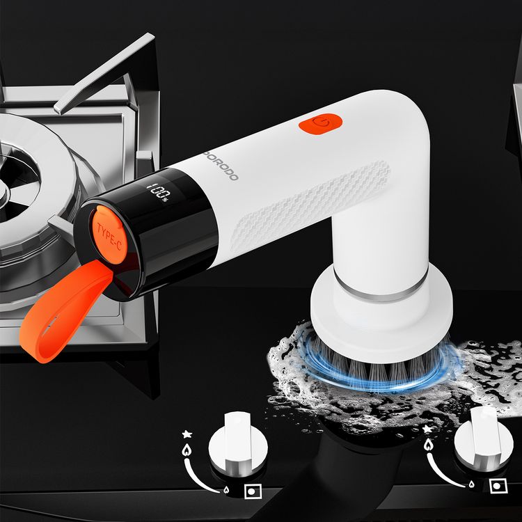 Porodo Lifestyle MiniSpin Electric Cleaning Brush with 5 Heads, Type-C Fast Charging, 360° Rotating Deep Clean, IPX6 Water Resistance, 1200mAh Battery, Dual-Speed Cleaning – White