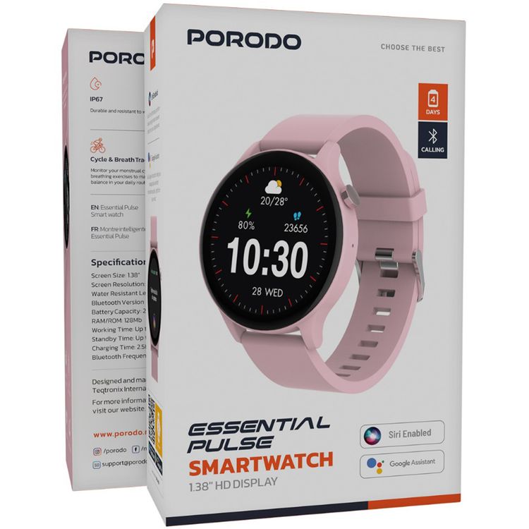 Porodo Essential Pulse Smart Watch with 1.38" HD Display, 128 Sport Modes, Bluetooth Version 5.4, 210mAh Battery Capacity, Up to 4 Days Working Time, Up to 12 Days Standby Time, 2.5 Hours Charging Time, Weather Forecast, Heart Rate, iOS 12 Above & Android 8.0 Above Compatibility - Pink