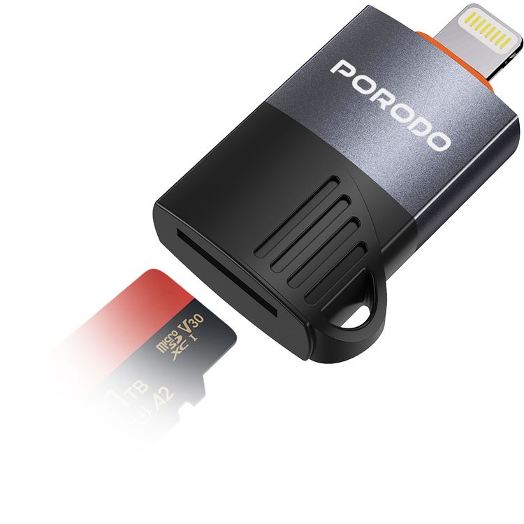 Porodo OTG Adapter with Lightning Input, TF Card Reader, 480Mbps Transfer Speed, TPE Material with Aluminum Shell, Wide Compatibility - Black