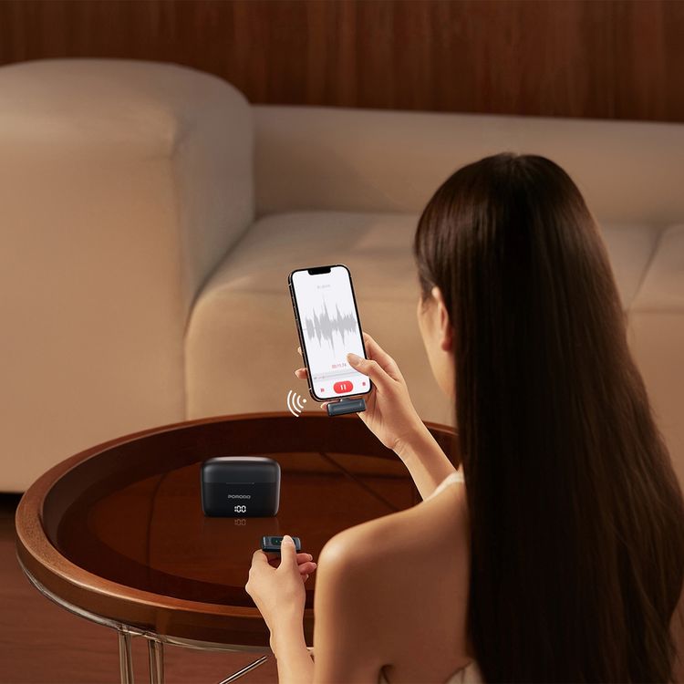 Porodo Lavalier Double Microphone with Charging Case, Up to 12 Hours Working Time, 300mAh Case Battery Capacity, 20ms Latency, 2.4GHz Microphone Frequency, Type-C Connector with Lightning Adapter, Digital Display, Low Latency, Crystal Clear Audio, Plug & Play - Black 